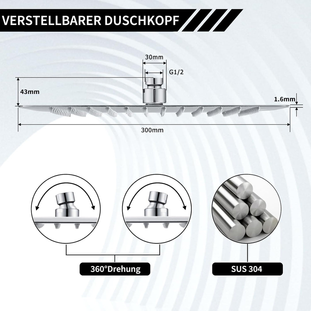 Duschkopf Regendusche 30x30 cm/12 Zoll Quadrat - 304 Edelstahl Duschkopf Wassersparender, mit 144 Si