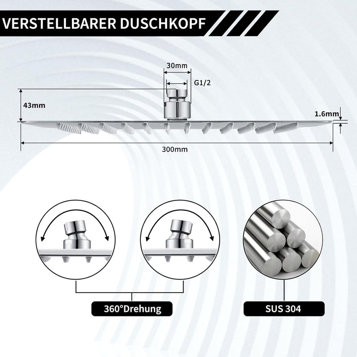 Duschkopf Regendusche 30x30 cm/12 Zoll Quadrat - 304 Edelstahl Duschkopf Wassersparender, mit 144 Si