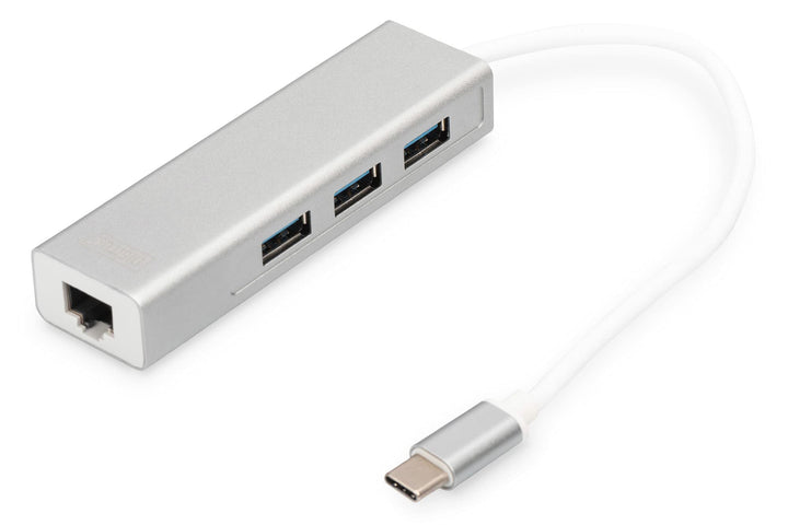 DIGITUS USB 3.0 Typ C 3-Port Hub mit Gigabit Ethernet Adapter, 3x USB A, 1x RJ45 LAN, Silber USB 3.0