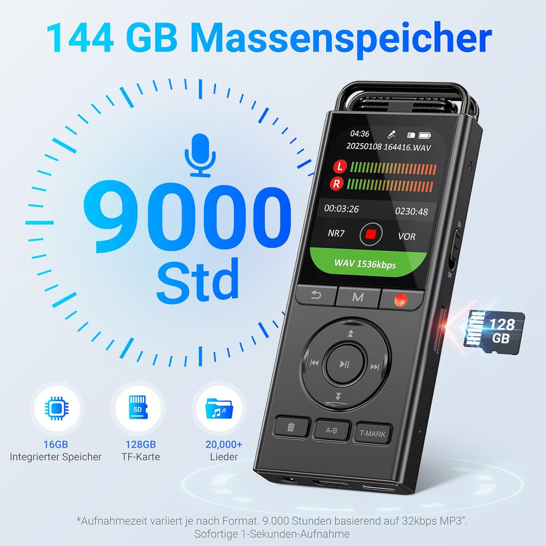 MECHEN 144GB Diktiergerät Digital, Sprachaktiviertes Aufnahmegerät mit 10,000 h Aufnahmezeit, 3072Kb