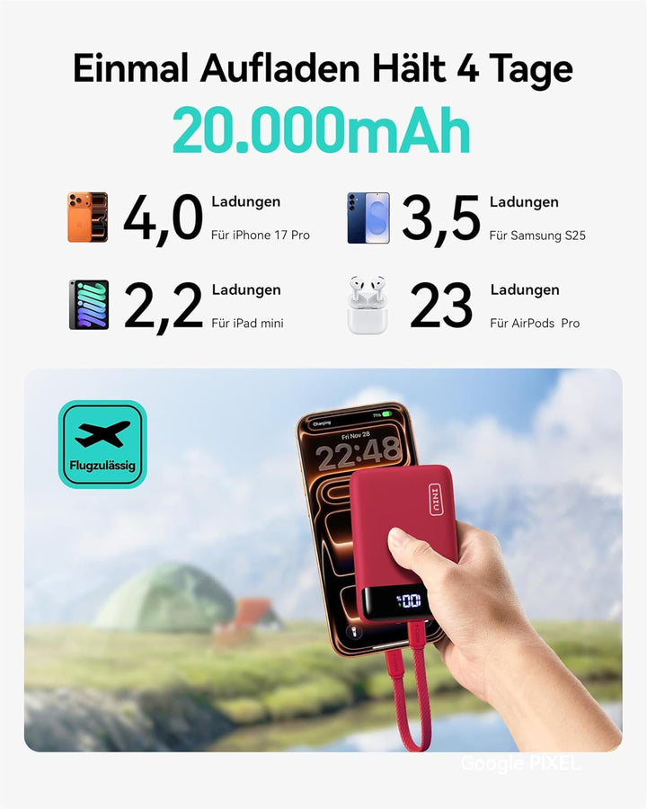 INIU Power Bank, Ultra Klein 20000mAh 22.5W Schnellladefunktion Power Bank, USB-C In&Out Externe Han