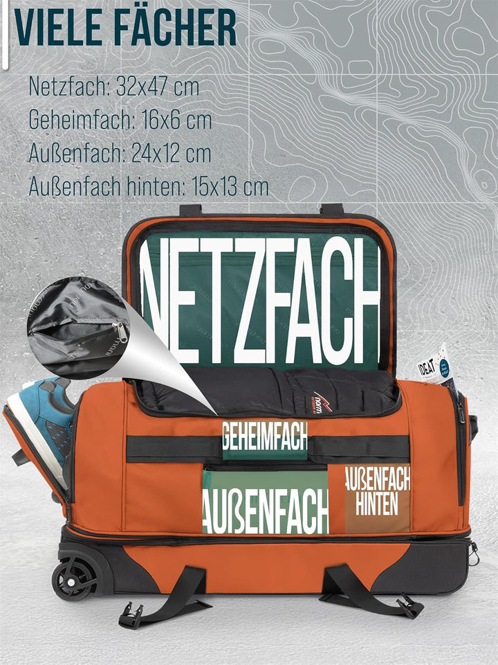 normani XXL Reisetasche 100-120 Liter 2-Rad Trolley gross Weichgepäck Travel Bag mit Rollen und 8 Fä
