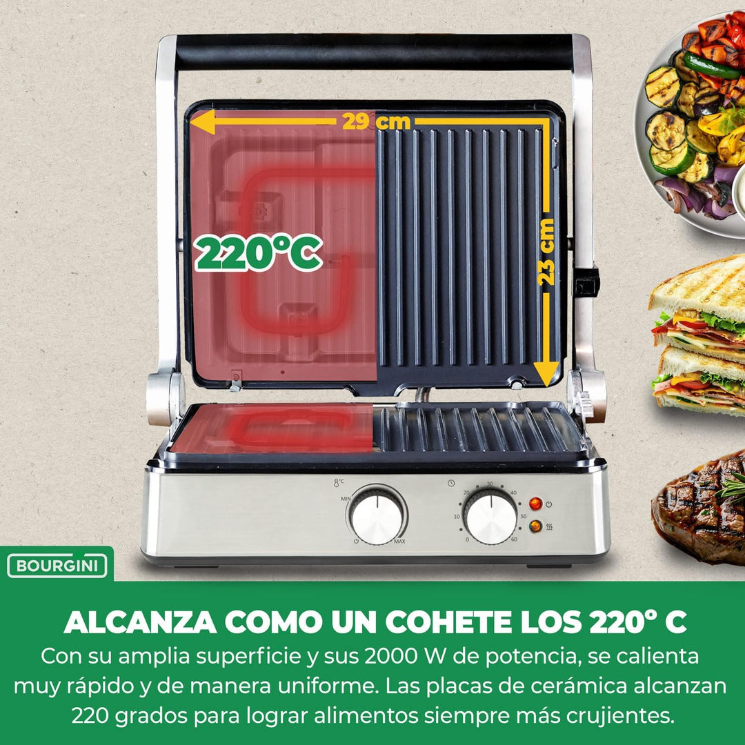BOURGINI Countertop Ofen mit abnehmbaren Keramikplatten (ohne PFAS), 1800 W, 90 & 180 Grad Öffnung