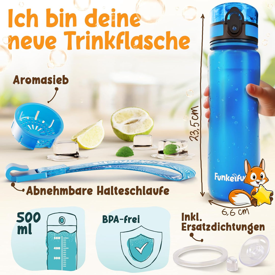 Funkelfuchs® - Trinkflasche für Kinder – 500ml, Blau – Kohlensäure geeignet - 100% auslaufsicher - W