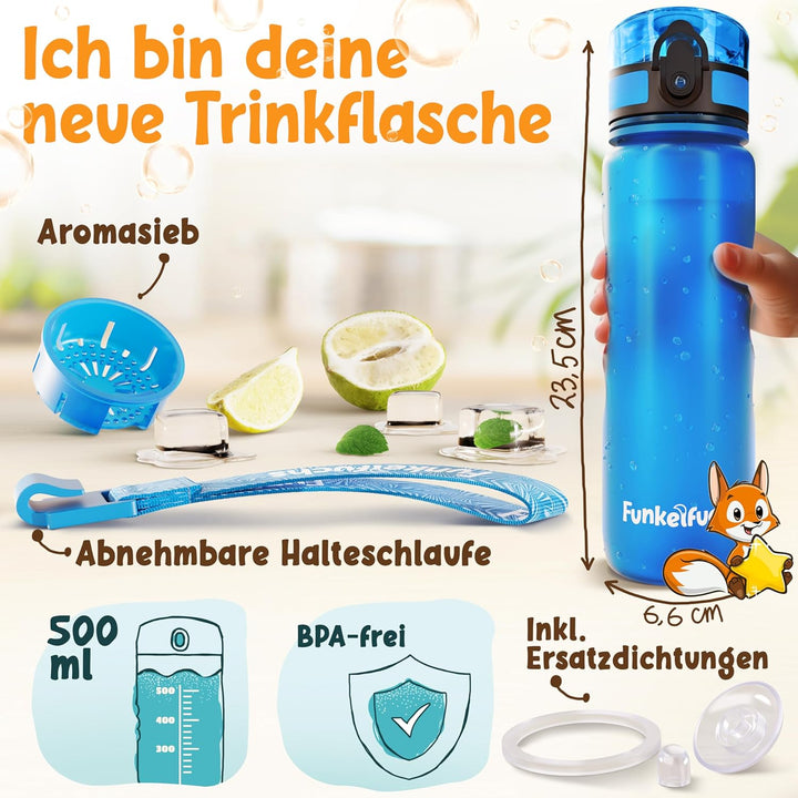 Funkelfuchs® - Trinkflasche für Kinder – 500ml, Blau – Kohlensäure geeignet - 100% auslaufsicher - W