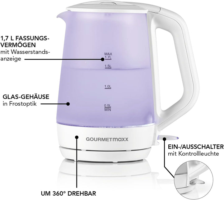 GOURMETmaxx Glas Wasserkocher | 1,7 Liter Fassungsvolumen Füllmengen-Anzeige für genaues Abmessen &amp;