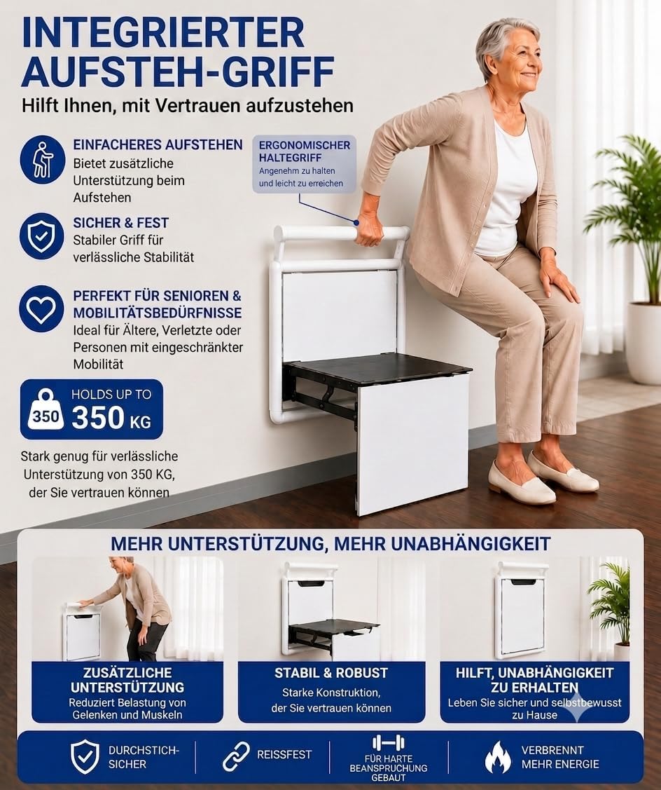 Belastbar bis 350 kg rutschfeste Sitzfläche Wandmontierte Wandklappstuhl Wandhocker Duschklappsitz
