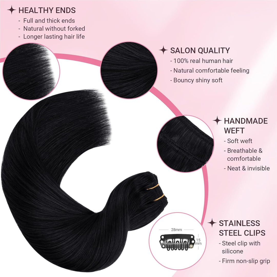 MAXITA Extensions Echthaar, 50cm 20 Zoll 120g 7 Stück Tief Schwarz Clip in Extensions Echthaar Remy