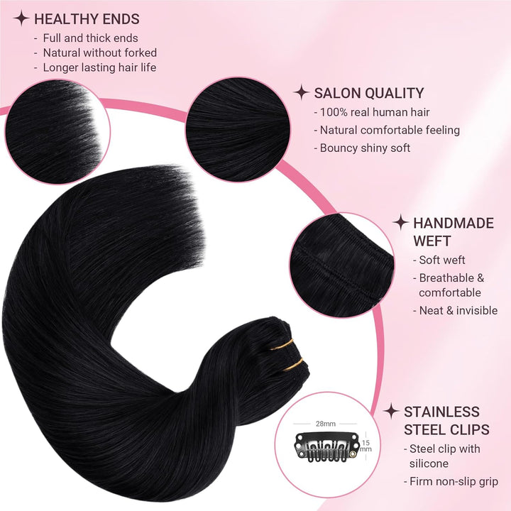 MAXITA Extensions Echthaar, 50cm 20 Zoll 120g 7 Stück Tief Schwarz Clip in Extensions Echthaar Remy