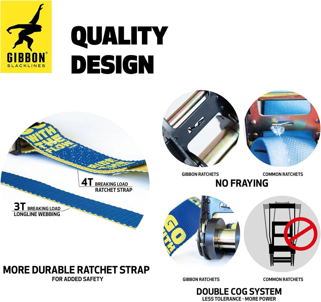 Gibbon Slacklines FlowLine | 1 Zoll / 2,5cm Band | Anfänger & Fortgeschrittene | Doppelratsche & Spa