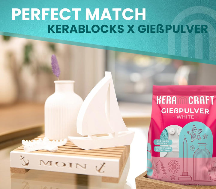 KERACRAFT Giesspulver weiss 4,5kg + 294 Stück Eiche Premium Holzklötzchen zum Basteln - Reliefgiessp