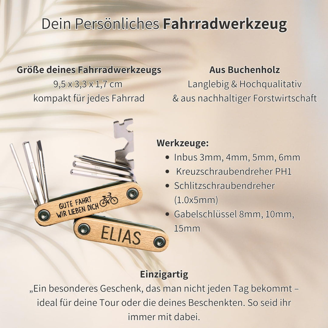 Happy Box® 9in1 Personalisiertes Fahrrad-Multitool aus Buchenholz – Graviertes Werkzeug für Papa zum