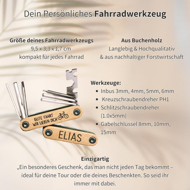 Happy Box® 9in1 Personalisiertes Fahrrad-Multitool aus Buchenholz – Graviertes Werkzeug für Papa zum