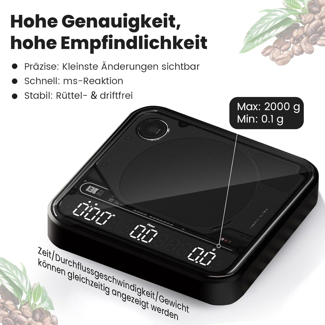 BOOKOO Kaffeewaage mit Timer, 0,1 g hochpräzise Espresso Waage, 2 kg, 4 Modi, Bluetooth-App & Flow R