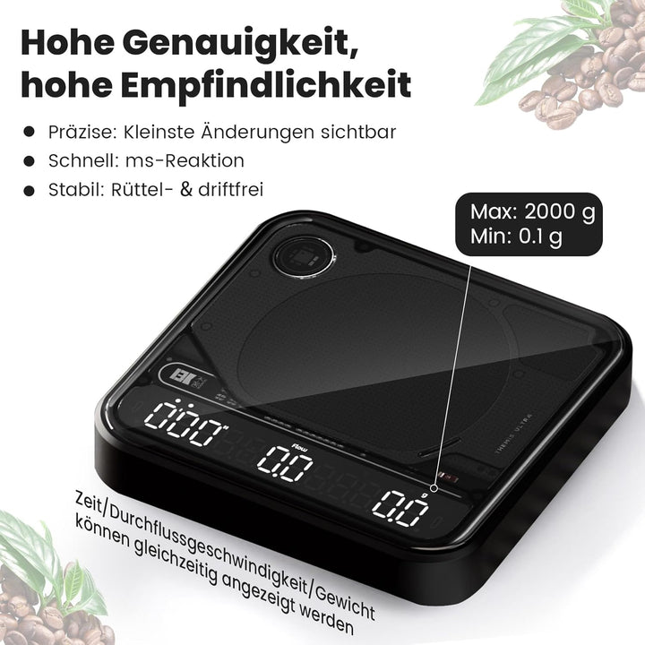 BOOKOO Kaffeewaage mit Timer, 0,1 g hochpräzise Espresso Waage, 2 kg, 4 Modi, Bluetooth-App & Flow R
