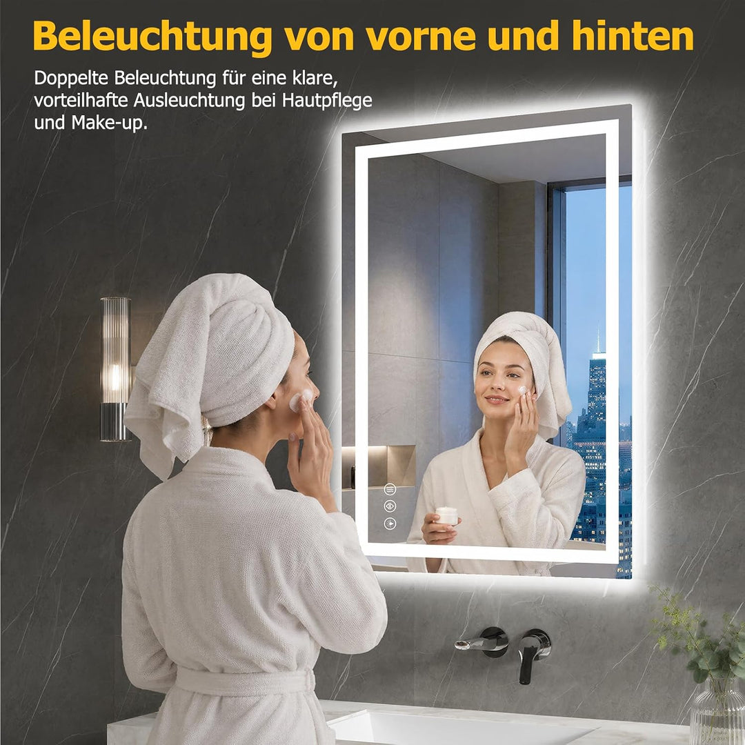 XRAMFY Badspiegel mit Beleuchtung 50x70cm mit Anti-Beschlag, IP65 Wassergeschützt, Spiegel mit Beleu