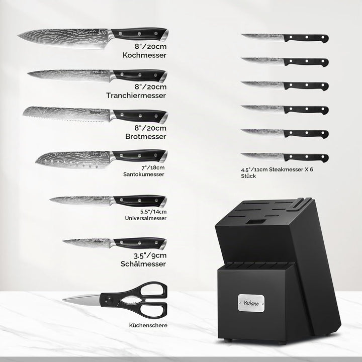 Yabano Messerblock Set, 14-teilig Küchenmesserset Edelstahl, Messer Set mit Holzblock und integriert