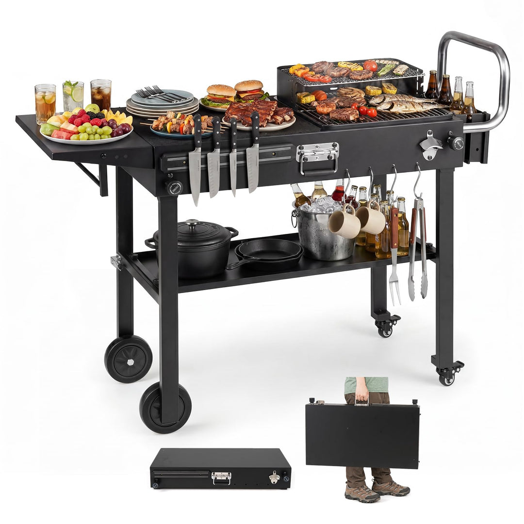 COSTWAY Grillwagen Outdoor, Grilltisch klappbar, Pizzatisch mit Seitentisch