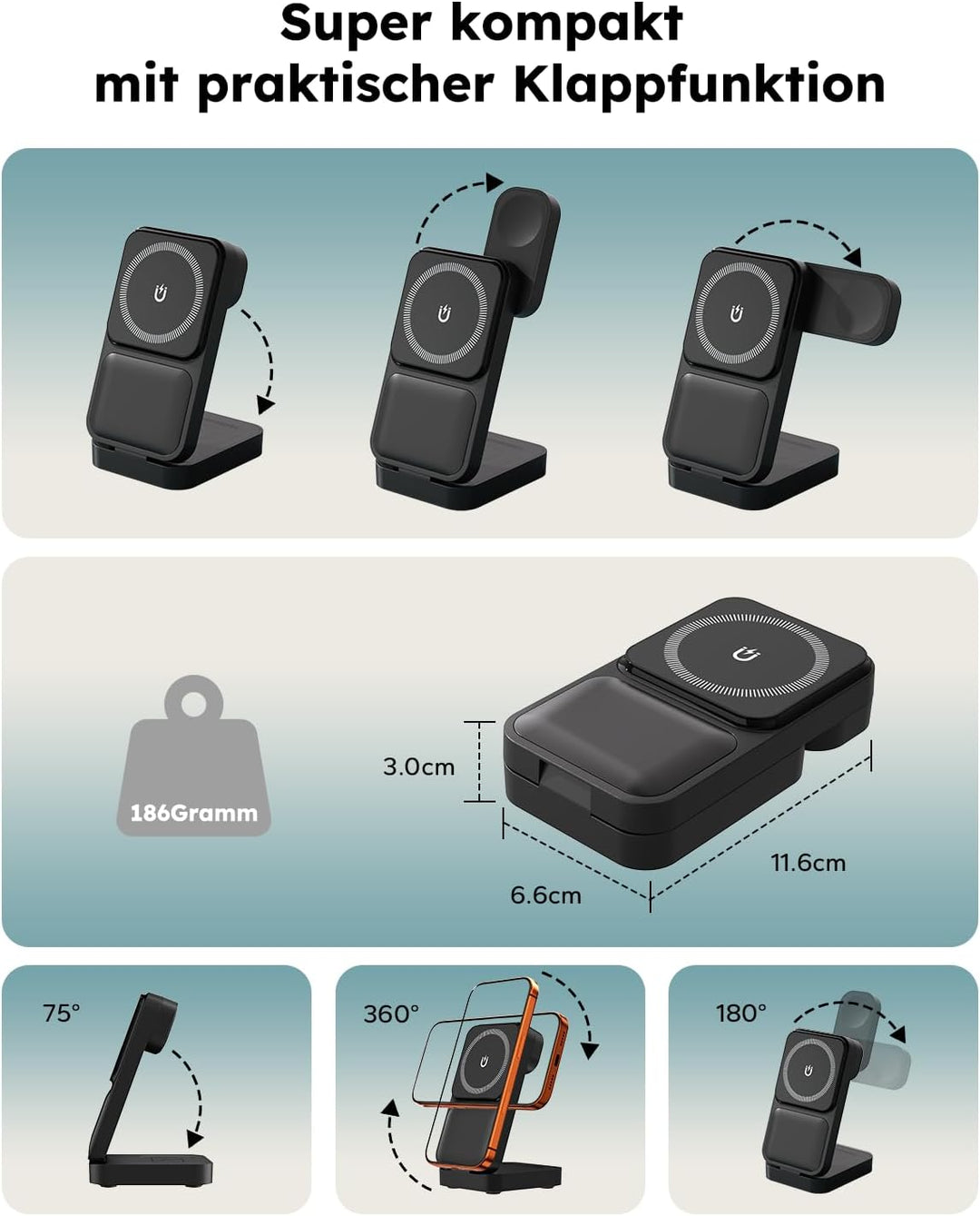 15W Magsafe Ladestation für Apple Watch und iPhone Faltbare mit Schnellladefunktion, 3 IN 1 Magsafe