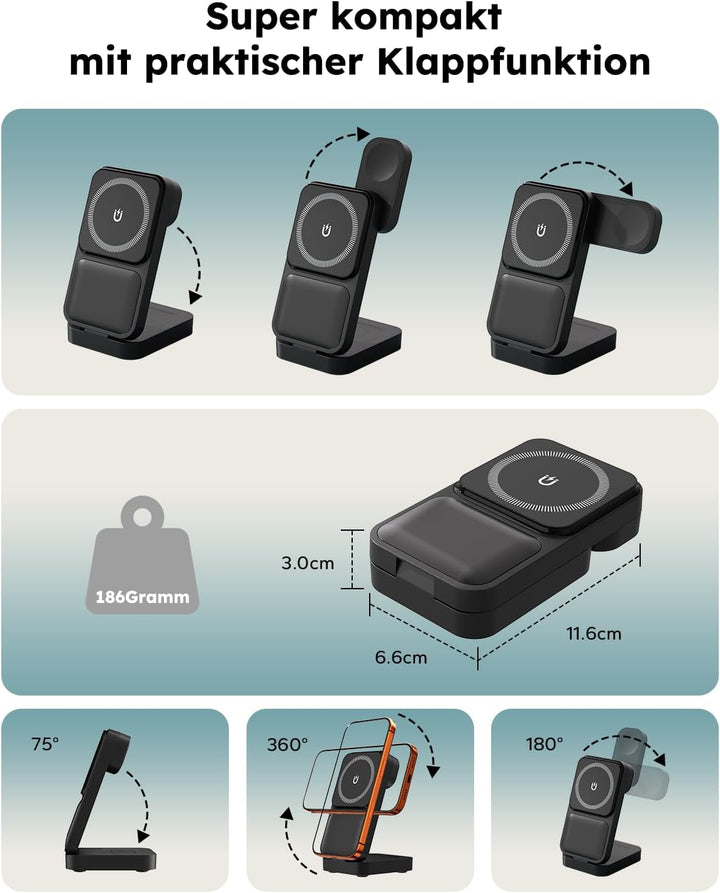 15W Magsafe Ladestation für Apple Watch und iPhone Faltbare mit Schnellladefunktion, 3 IN 1 Magsafe