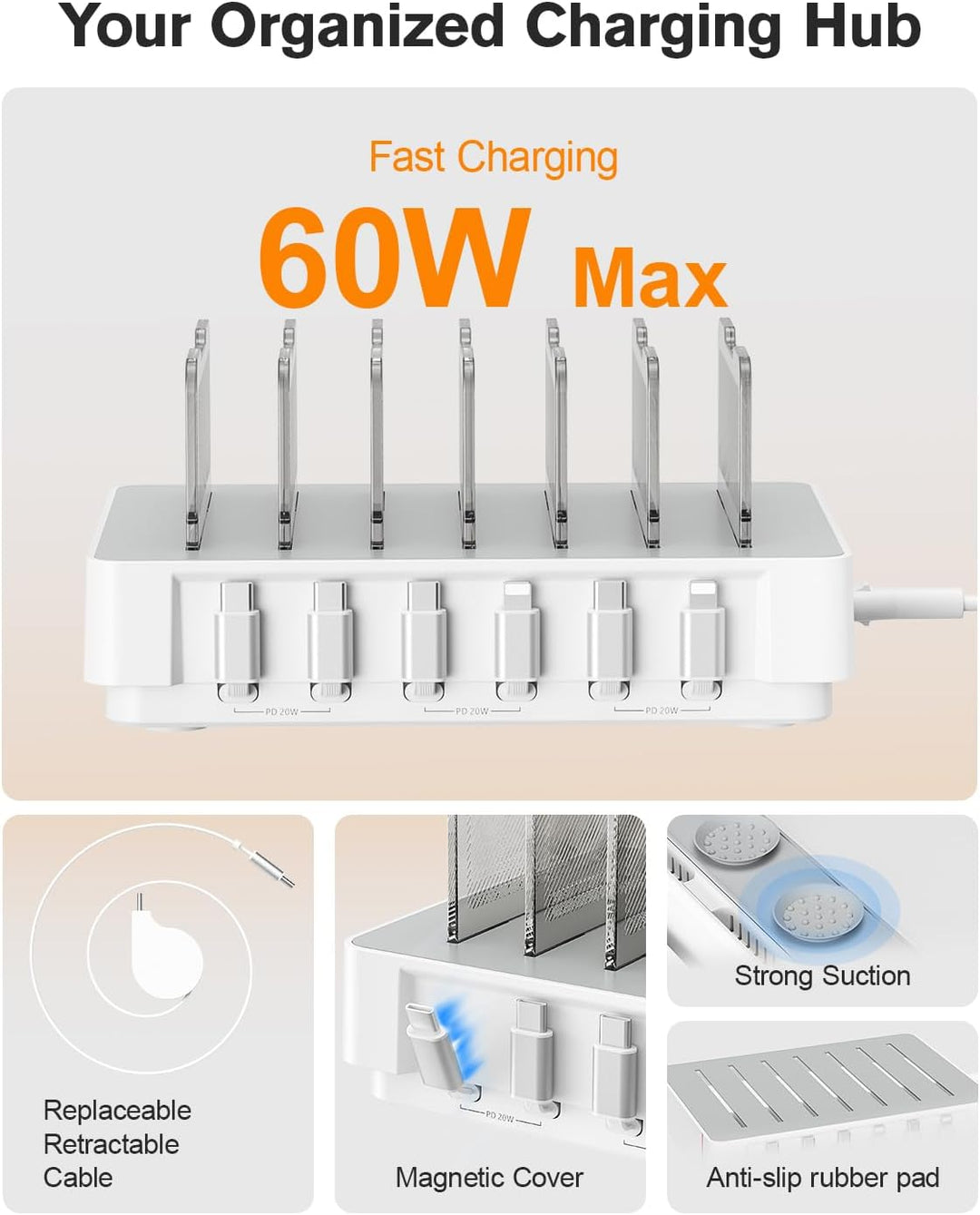 SooPii HomeHub H1 Ladestation für mehrere Geräte,verbessertes 6Port Schnellladegerät mit 6 einziehba