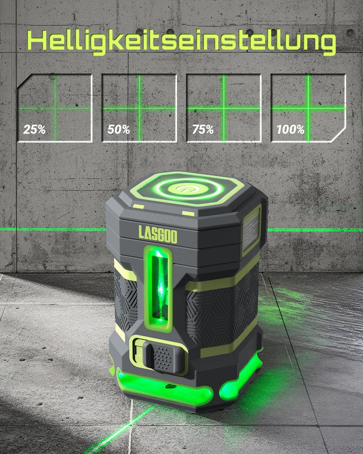 LASGOO Grüner Laser Nivellierlaser, 360° Horizontal-Laser mit Vertikal-Laserlinie, 4 Helligkeitsstuf