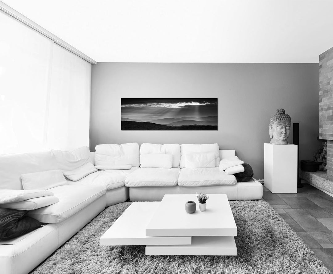 Paul Sinus Art Leinwandfoto als Panorama SCHWARZ/Weiss 150x50cm Berge Wald Herbst Sonnenaufgang Wolk