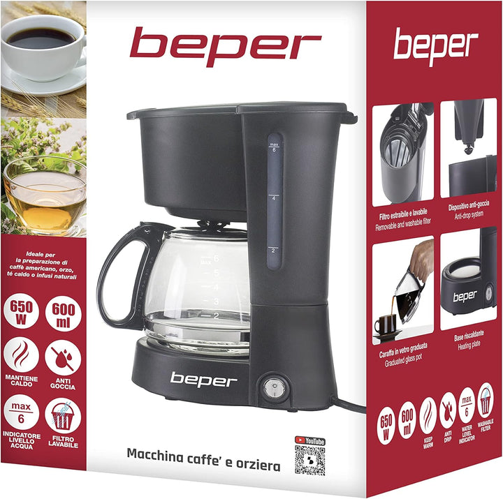 BEPER BC.060 Black Drip Coffee Maker, 6 Cups, Drip, Negro, Onesize, BC.060/BK 600 ml, 600 ml