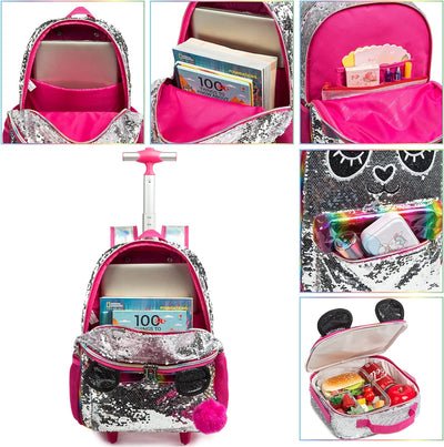 HTgroce Trolley Rucksack Kinder Mädchen,Panda 3 in 1 Kinder Trolley Schultasche mit Rollen Rucksack