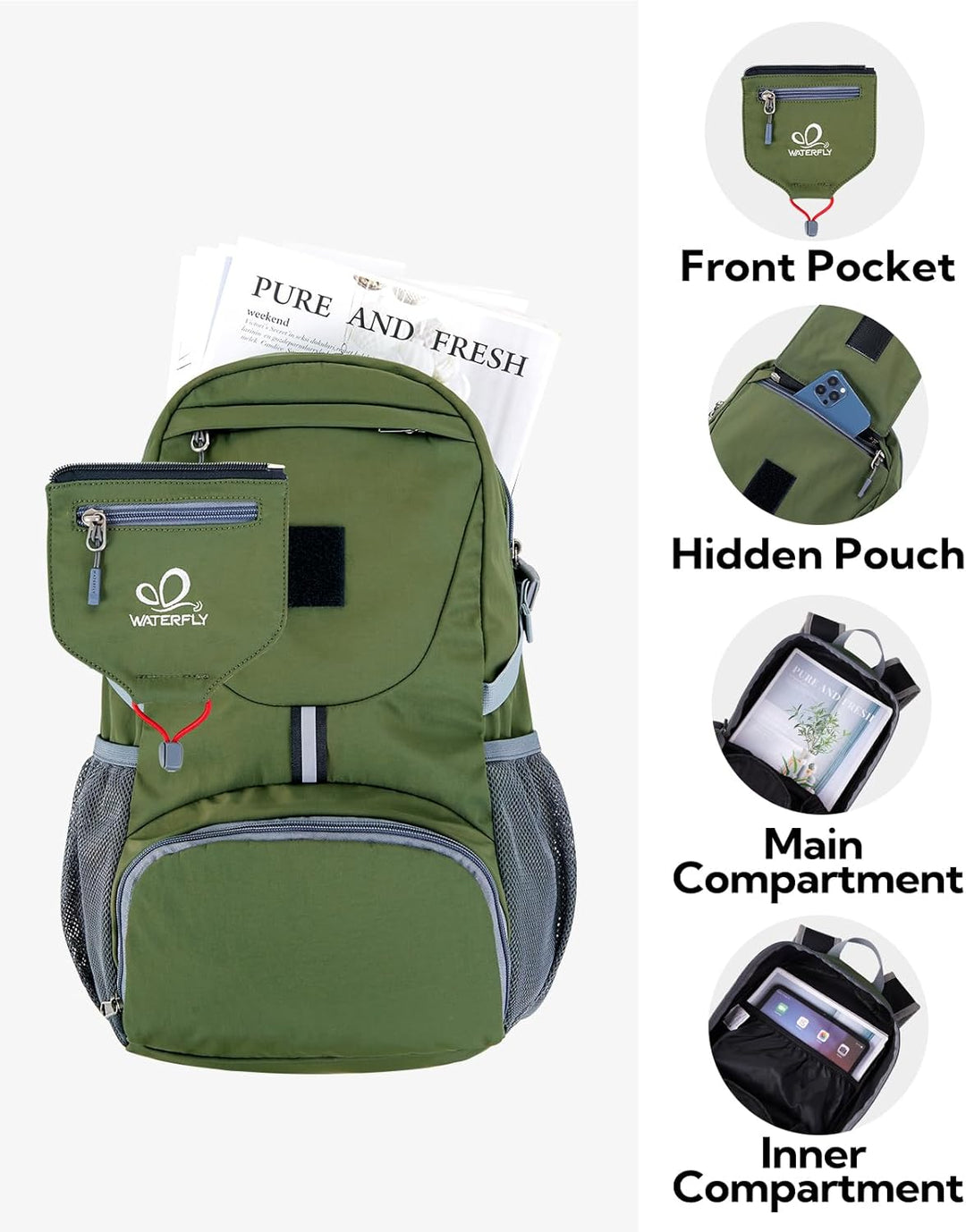 WATERFLY Ultraleicht Faltbar Klein Rucksack: 20L Leicht Packable Wanderrucksack Tagesrucksack Trekki