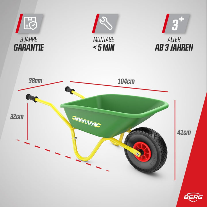 BERG Dempy Schubkarre Kinder Grün/Gelb, Kinderschubkarre, Belastbar bis 40kg, Robust, Langlebig & St