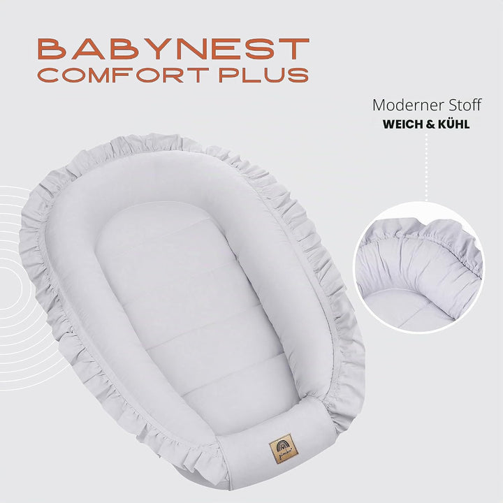 PIMKO Babynest mit rüschen Babynestchen für Baby Kuschelnest Babykokon für Säuglinge und Neugeborene