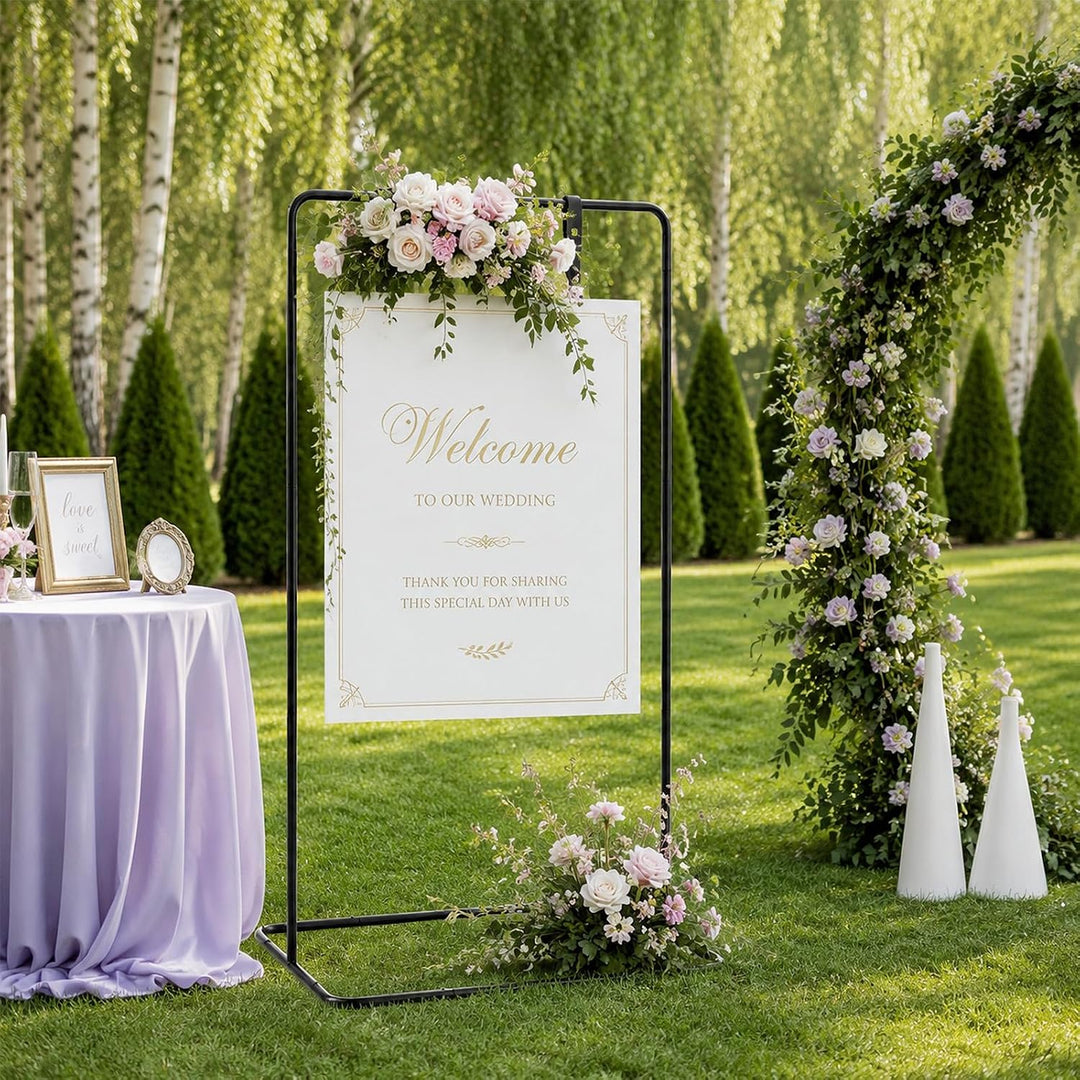 Hochzeitsschild Halter Metall 80 * 50 * 173cm, Verstellbare Staffelei für Willkommensschild, Sitzpla