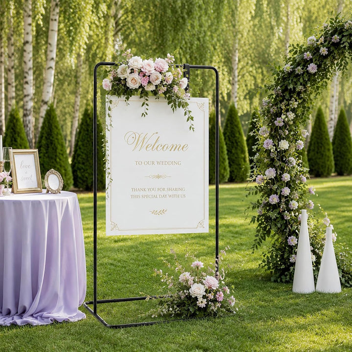 Hochzeitsschild Halter Metall 80 * 50 * 173cm, Verstellbare Staffelei für Willkommensschild, Sitzpla