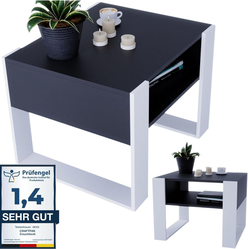 CraftPAK Wohnzimmer Tisch für Couch aus hochwertigem Holz, Stabiler & moderner Couchtisch mit zusätz