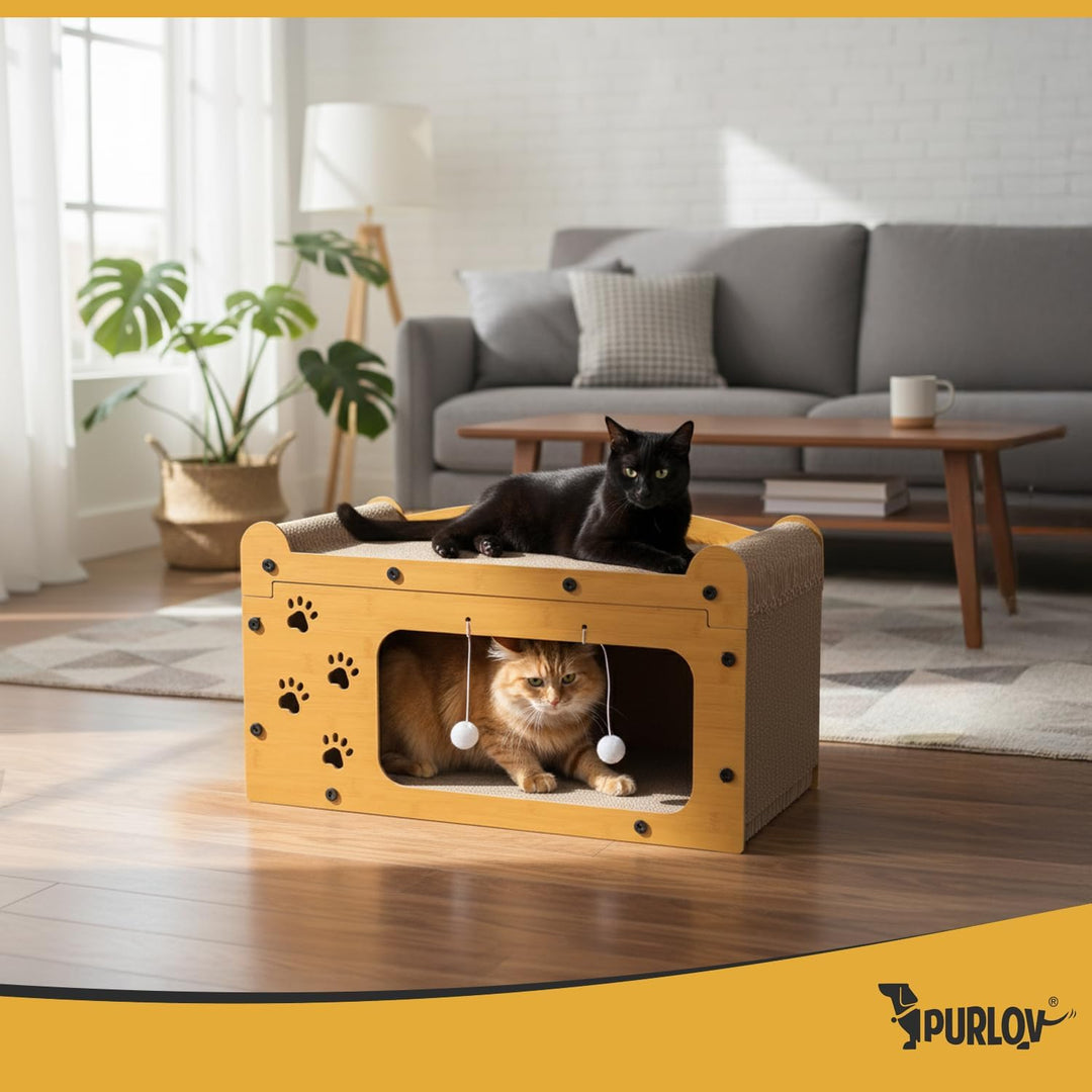 Purlov Katzen Kratzhaus 3-in-1 mit 2 Ebenen – HDF & extra Feste Wellpappe, Liegeplatz + Kratzfläche