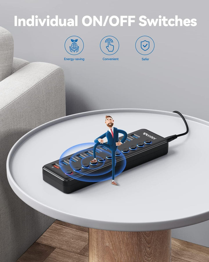 Powered USB Hub, Wenter 11-Port USB Splitter Hub (10 Faster Data Transfer Ports+ 1 Smart Charging Po