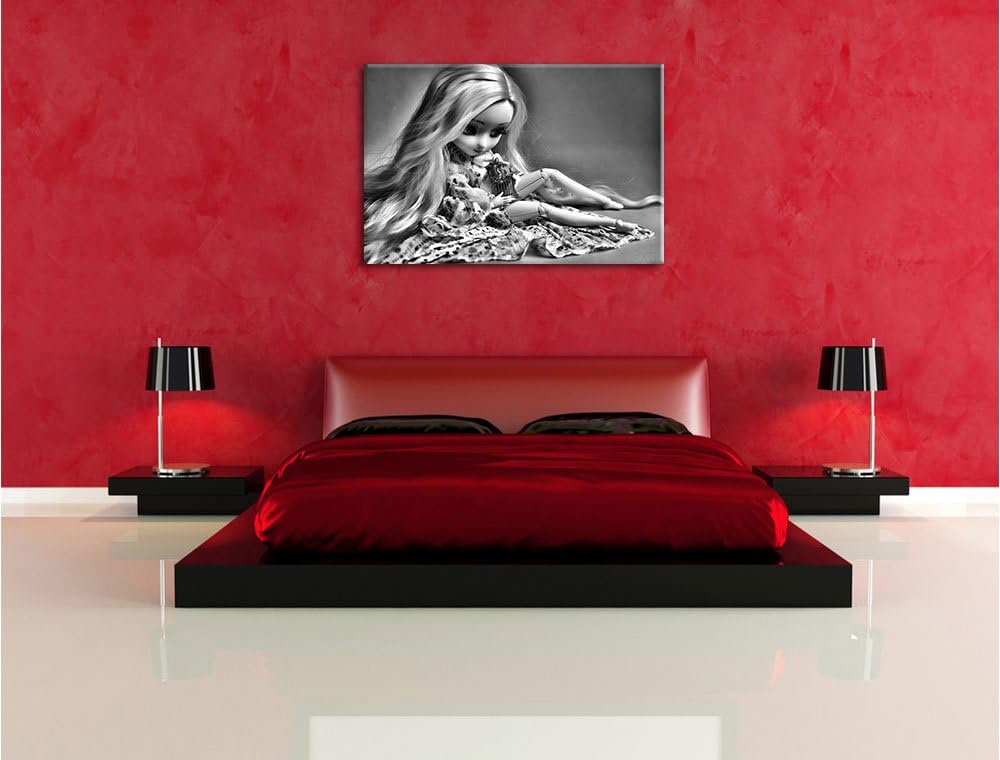 Pixxprint Monocrome, Blonde Pullip-Puppe mit Vogelkäfig, Format: 100x70 auf Leinwand, XXL riesige Bi
