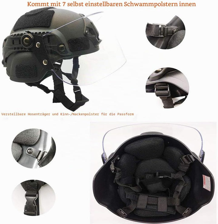 Tactical Area Airsoft Mich 2000 Quick Helm mit NVG Halterung und Schutzbrille. BK, BK