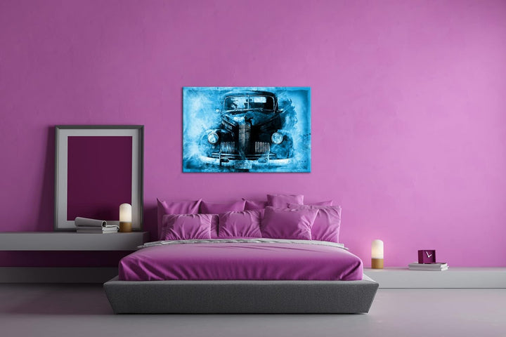 deyoli gezeichneter alter Oldtimer Format 100x70 Effekt: Monocrome Blau als Leinwandbild, Motiv fert