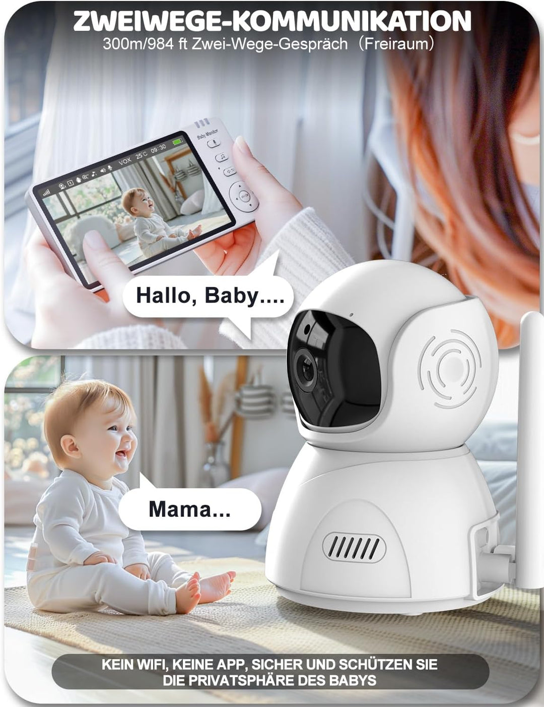 BURNNOVE Babyphone mit Kamera 5" IPS 720P Video Babyfon ohne WLAN 355°/90° Schwenkbar Nachtsich Temp
