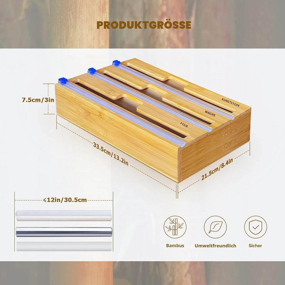 QINGLOU Folienschneider,3 in 1 Folienspender Mit Cutter, Bambus/Folienabroller,Frischhaltefolie, Wac