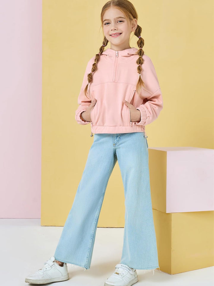 Haloumoning Mädchen Hälfte Zip Up Hoodies Kinder Mode lose Hooded Sweatshirts mit Taschen 3-14 Jahre