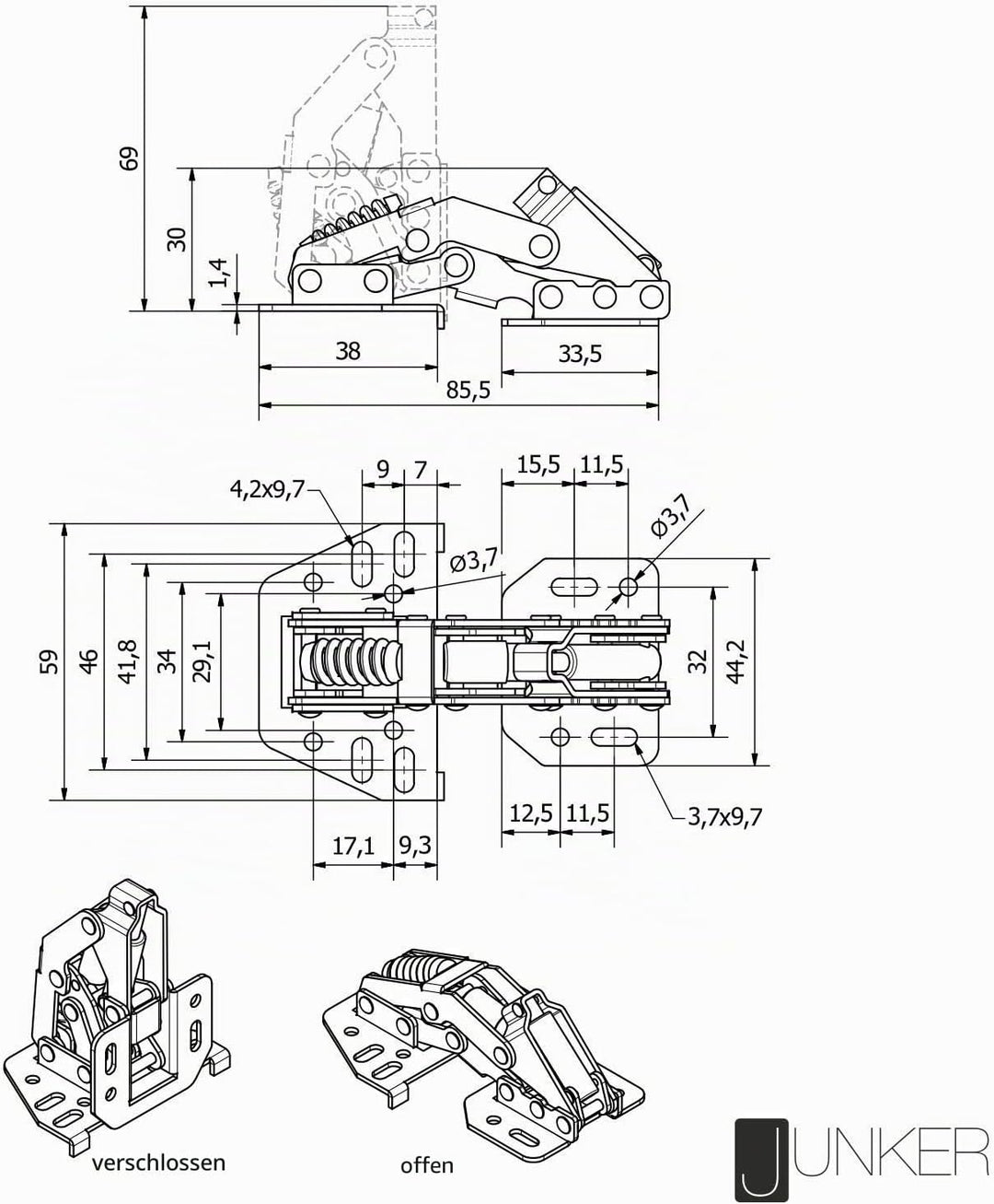10 Stück JUNKER Aufschraubscharniere 90° mit SoftClose und Montageanschlag (Stahl, vernickelt, verst