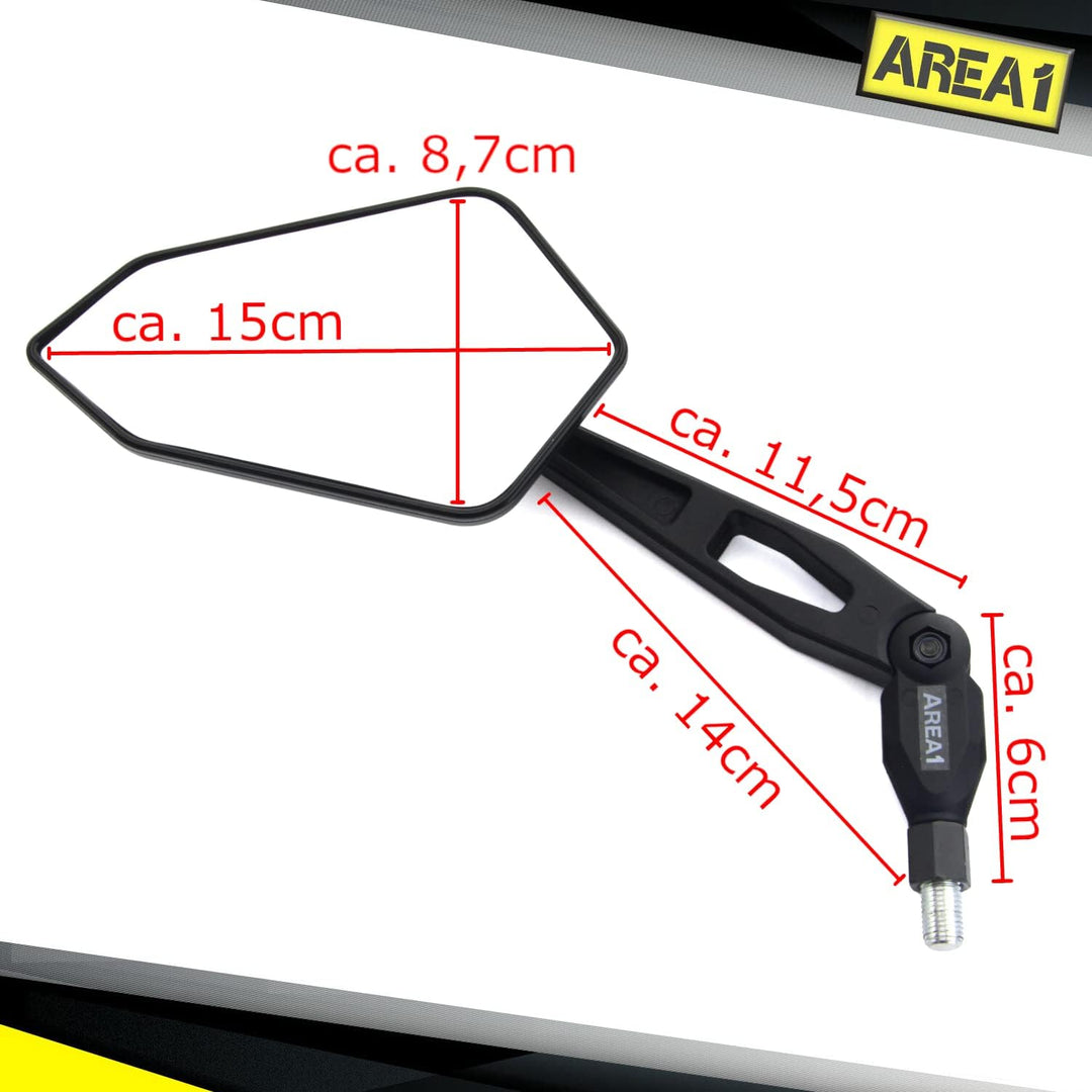 Area1 Universal Motorrad Rückspiegel Paar e-geprüft 2x M10 Rechtsgewinde + Linksgewindeadapter, pass