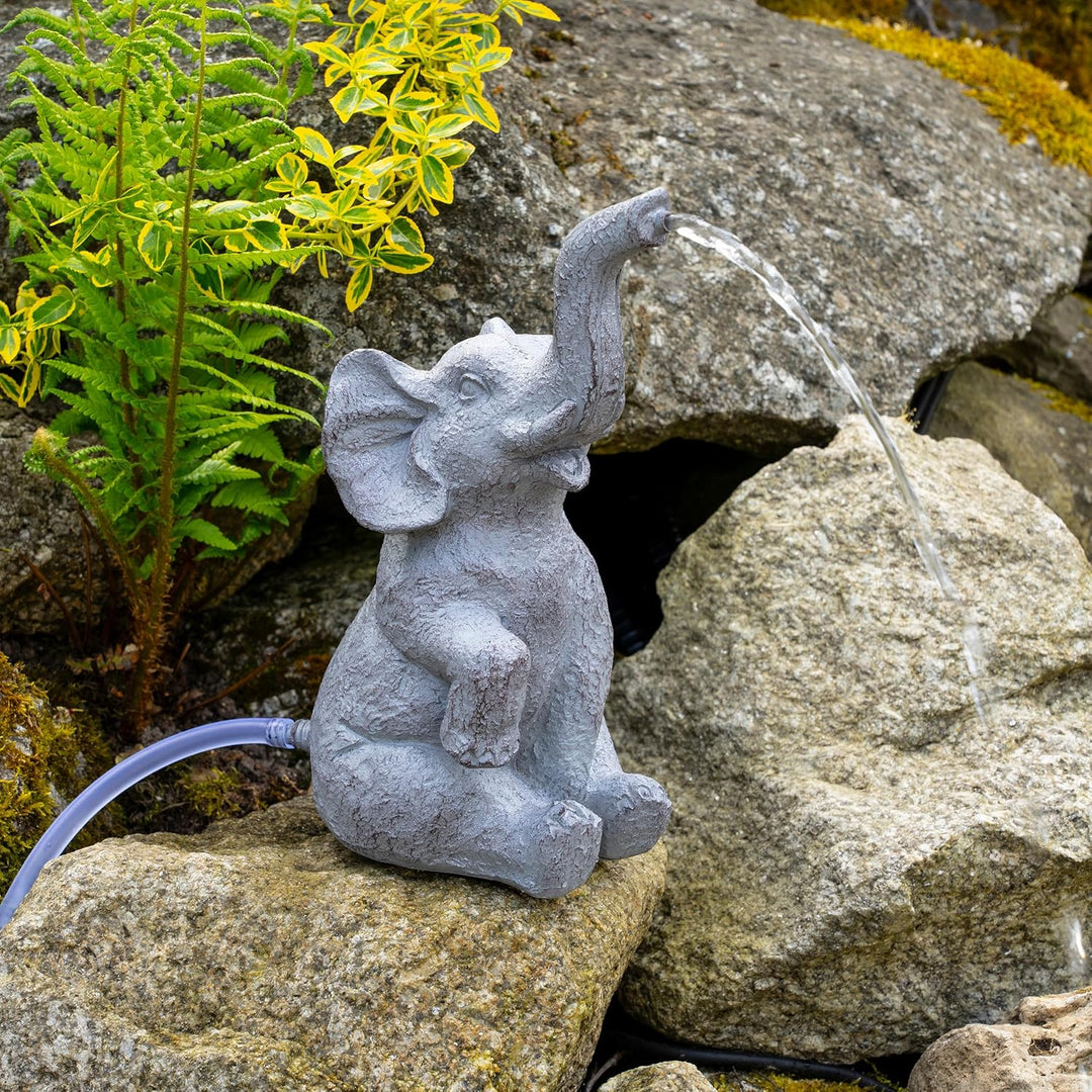 Esotec Solar Wasserspeier Set sitzender Elefant LUMI, H=17,5cm, Wasserspiel mit Teichpumpe 250l/h, S