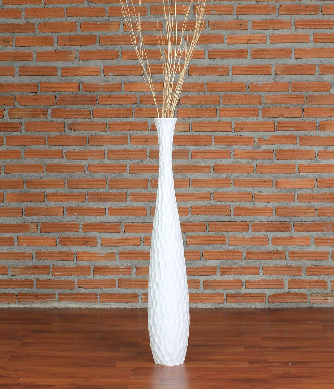 Leewadee Grosse Bodenvase für Dekozweige hohe Standvase Design Holzvase, Holz, 70 cm, Weiss 70 cm We
