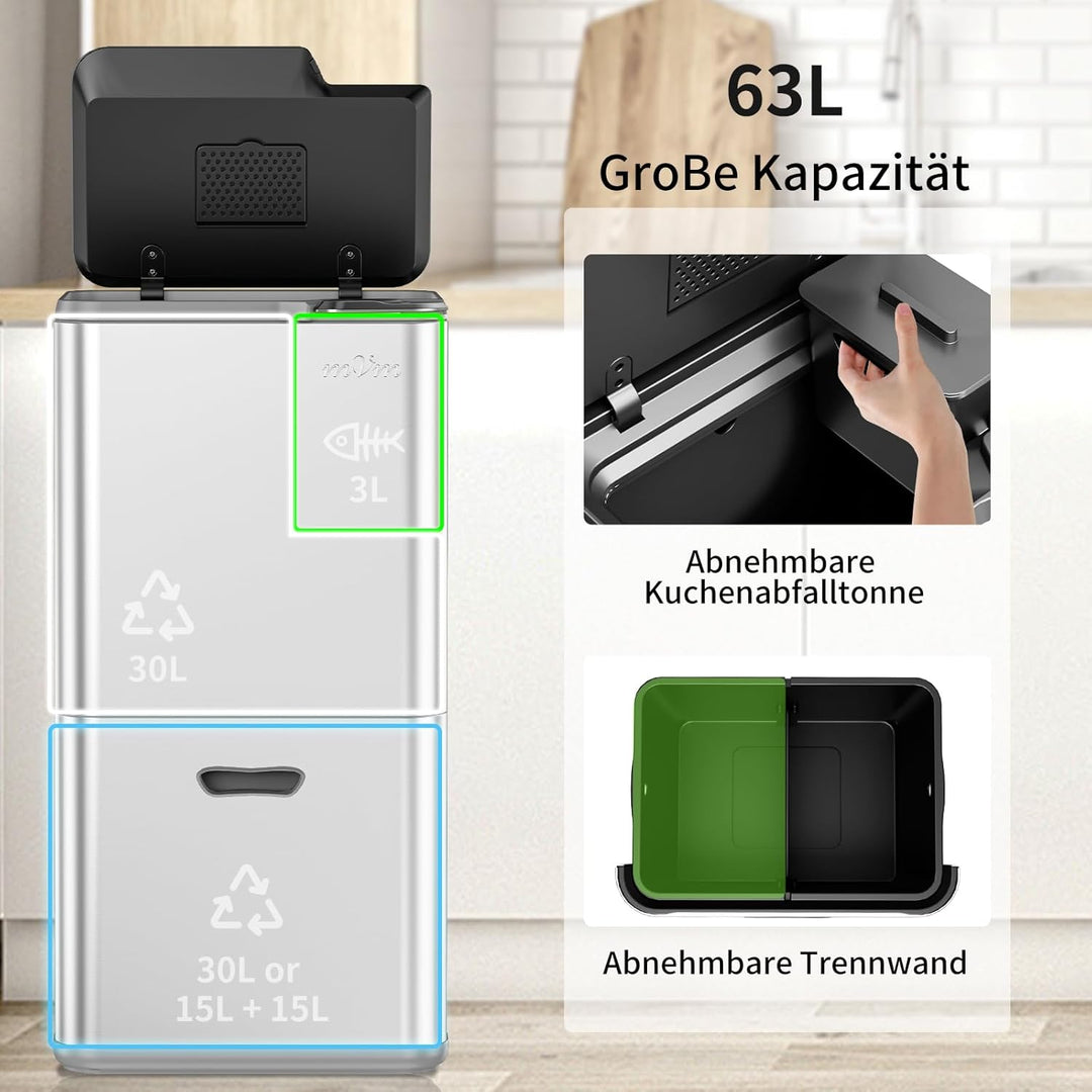 mVm Mülleimer Küche,63 Liter Treteimer,3 Fächer, Mülltrennsystem, Abfalleimer Küche mit Inneneimer a