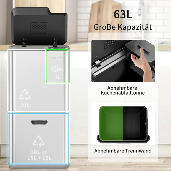 mVm Mülleimer Küche,63 Liter Treteimer,3 Fächer, Mülltrennsystem, Abfalleimer Küche mit Inneneimer a