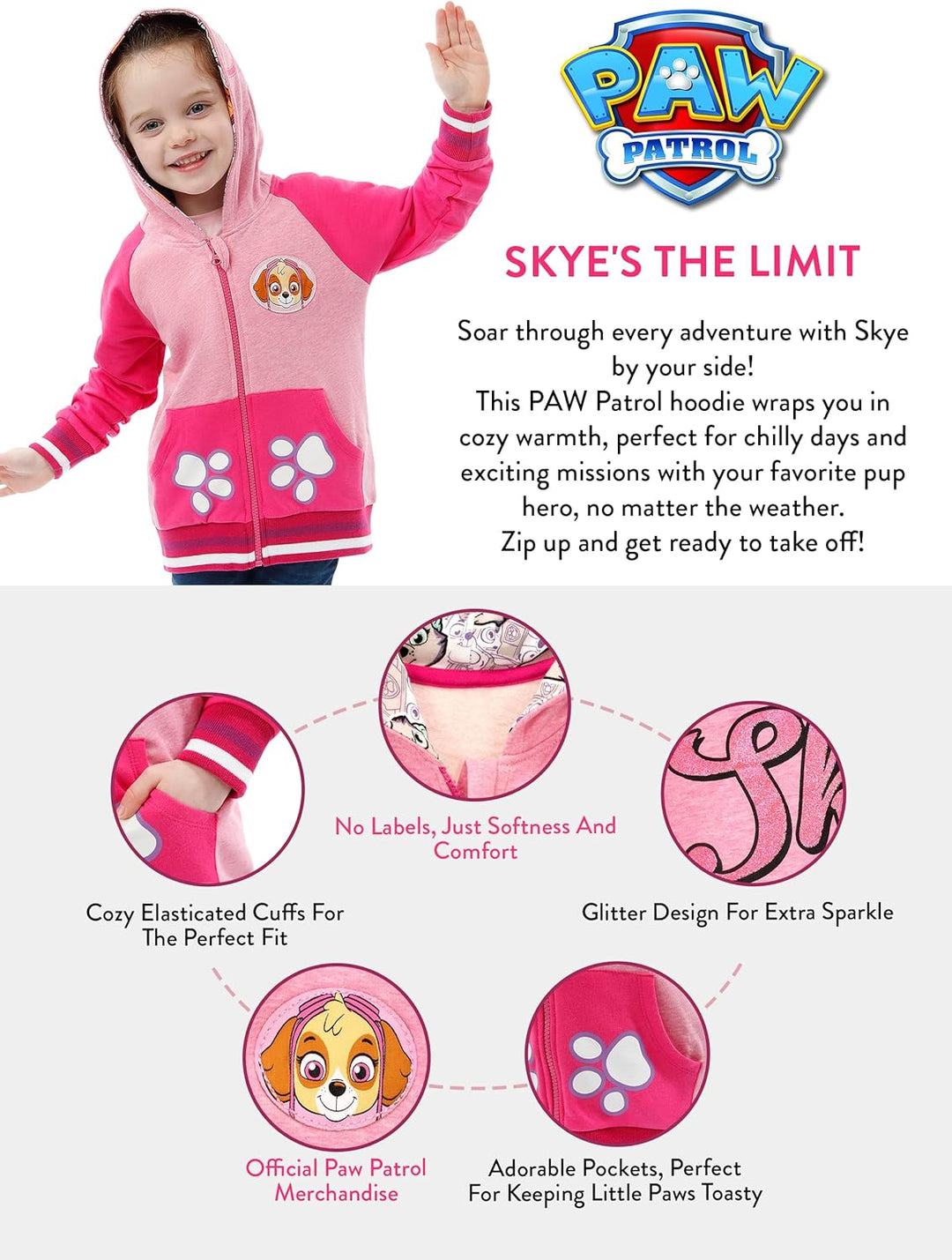 PAW PATROL Pullover Mädchen | Skye Zipper Hoodie | Glitzer Kapuzenpullover für Kinder 104 Rose, 104